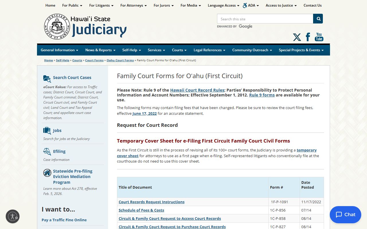Oahu Family Court forms page for Honolulu County Civil Court Records
