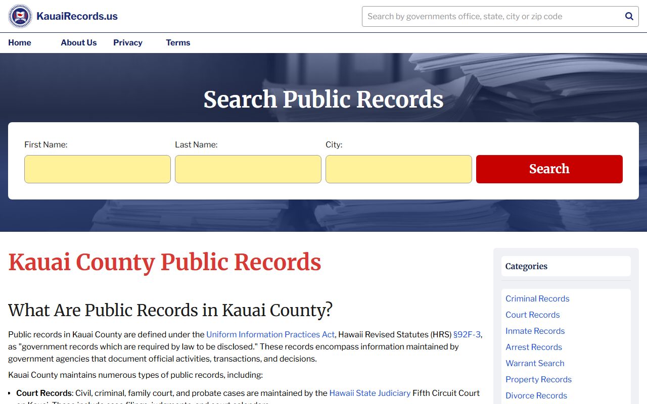 Kauai County Civil Court Records main portal page
