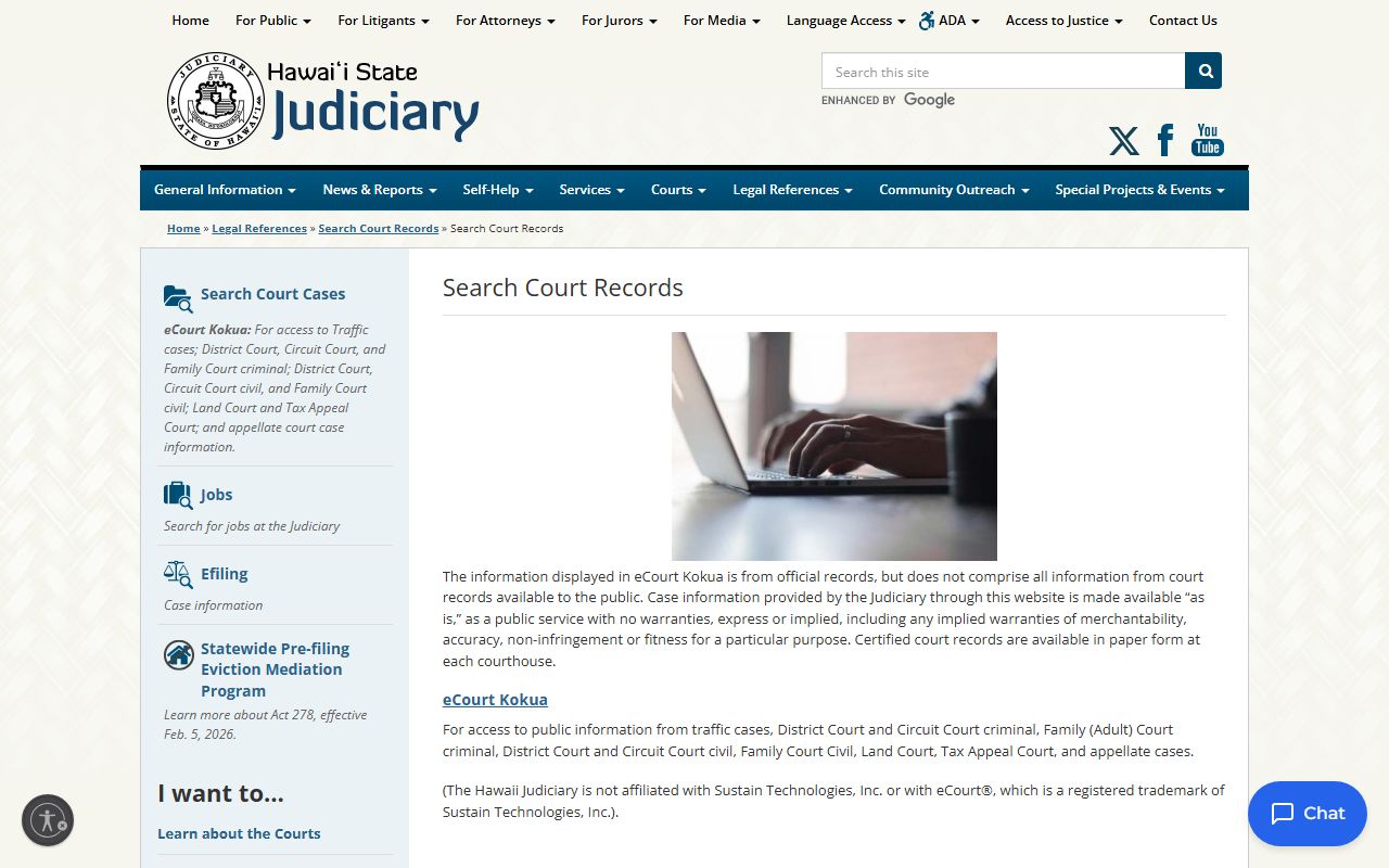 eCourt Kokua search portal for Hawaii Civil Court Records