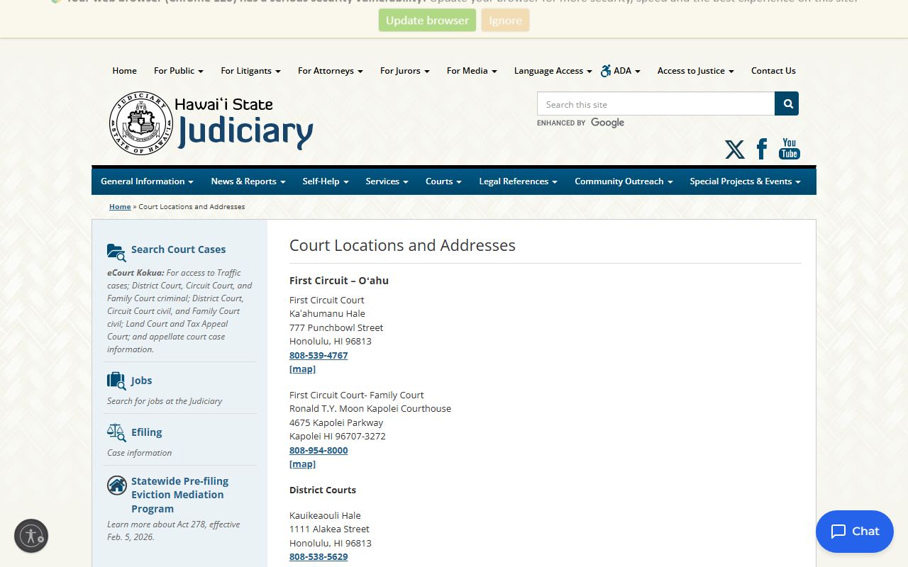 Hawaii courthouse locations for Civil Court Records statewide